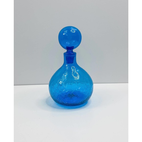 Blenko Blue Crackle Glass Decanter with Ball Top - Picture 1 of 10